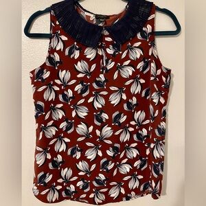 Ann Taylor Floral Sleeveless Blouse - Burgundy and Black with cute sheer collar